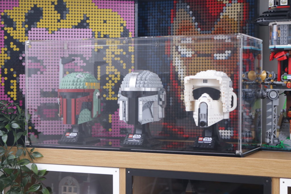 LEGO Star Wars Mandalorian Stormtrooper Scout Trooper Luke Skywalker Red Five Darth Vader Boba Fett Helmet Wicked Brick Display Case individual dual triple wall mounted 10 1024x683