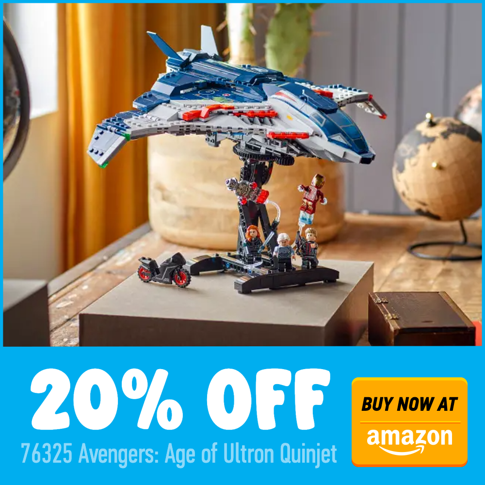 LEGO Marvel 76325 Avengers Age of Ultron Quinjet Amazon 20 off deal card
